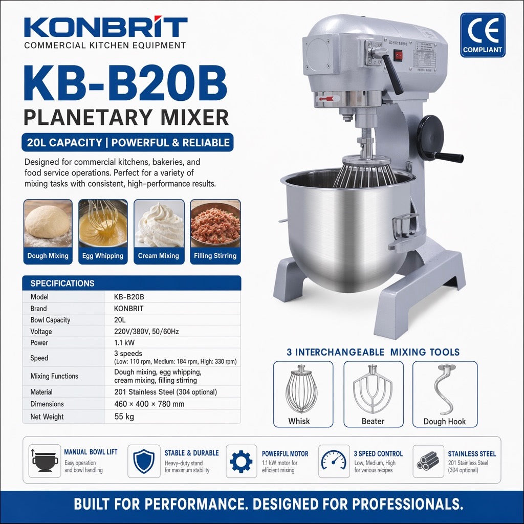 KONBRIT B-Series Heavy Duty Planetary Mixer (10L-80L) | 3-Speed Commercial Flour & Dough Mixer
